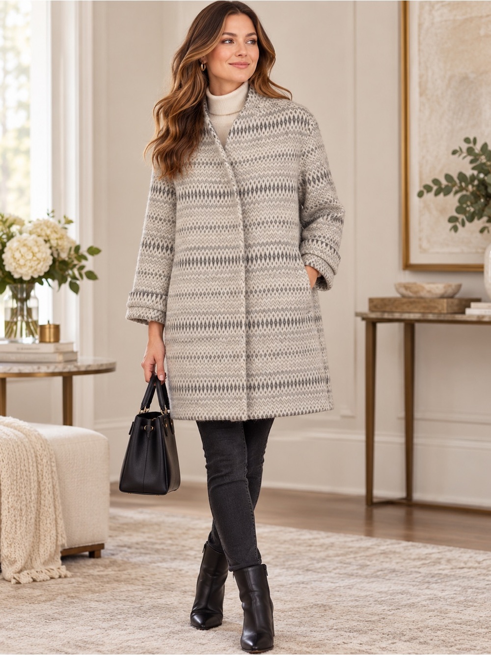 Rebecca Taylor Textured Wool Blend Cocoon Coat Gray Ivory Size 8